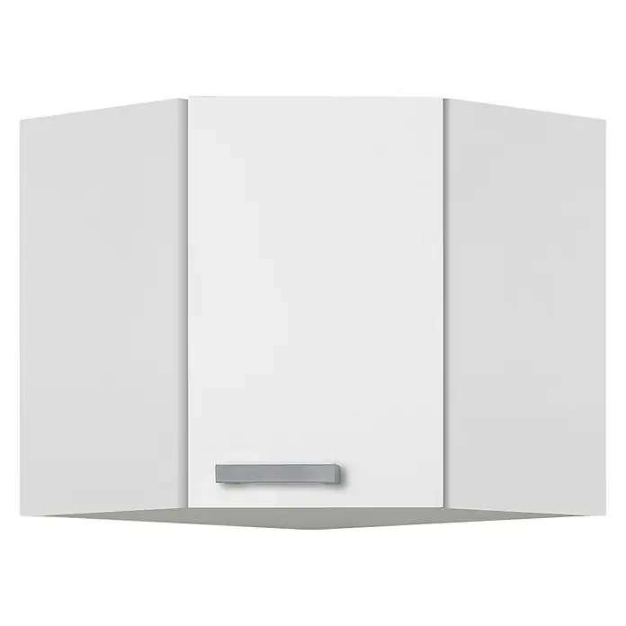 Optifit Salo214 Eck-Hängeschrank - 34,6 x 60 x 57,6 cm, Weiß - Weißer Eckschrank für die Küche. Der Oberschrank hat eine graue Griffleiste und ist ideal für Küchen mit begrenztem Platz.
