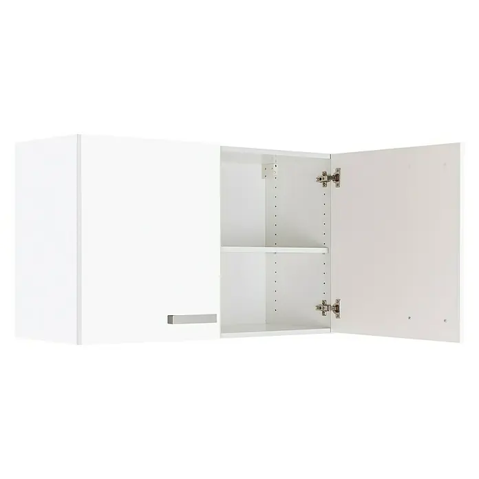 Optifit Salo214 Hängeschrank - 34,6 x 100 x 57,6 cm, Weiß - Ein weißer Küchenhängeschrank mit zwei Türen, eine davon geöffnet, zeigt das Innere mit einem Regalboden und verstellbaren Regaleinsätzen.