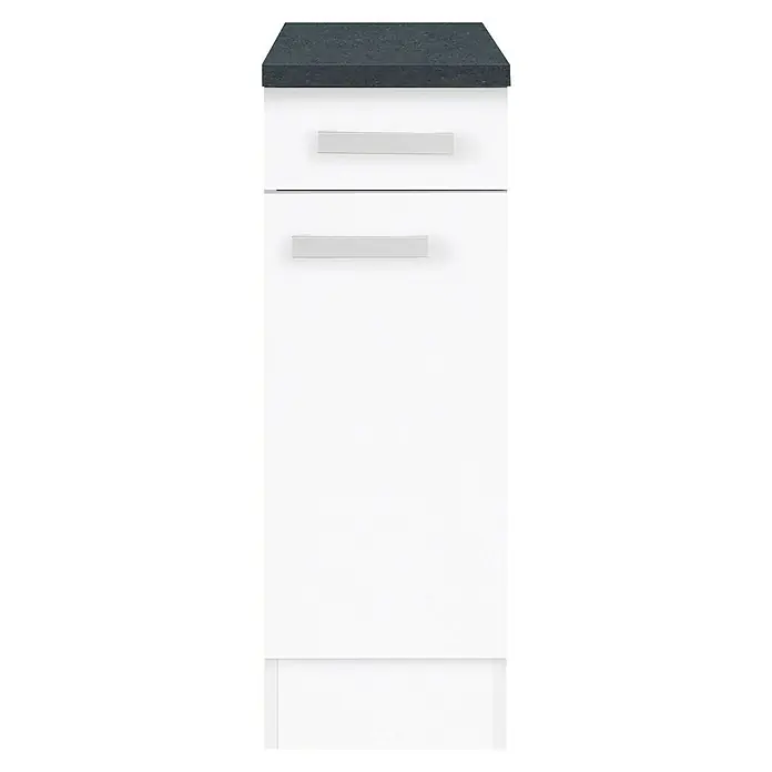 Optifit Salo214 Küchen-Unterschrank - 60 x 30 x 84,8 cm, Weiß - Schrank mit zwei Schubladen in Weiß und einer dunklen Arbeitsplatte. Das Möbelstück bietet Stauraum und eine moderne Optik für jeden Raum.