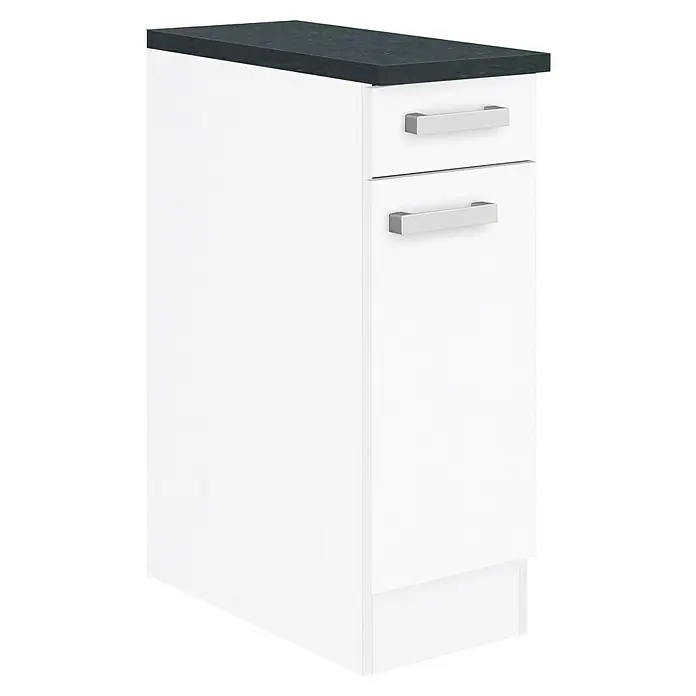Optifit Salo214 Küchen-Unterschrank - 60 x 30 x 84,8 cm, Weiß - Abbildung eines weißen Küchenschranks mit zwei Schubladen und einer dunklen Arbeitsplatte. Die Griffe sind aus rostfreiem Stahl gefertigt.