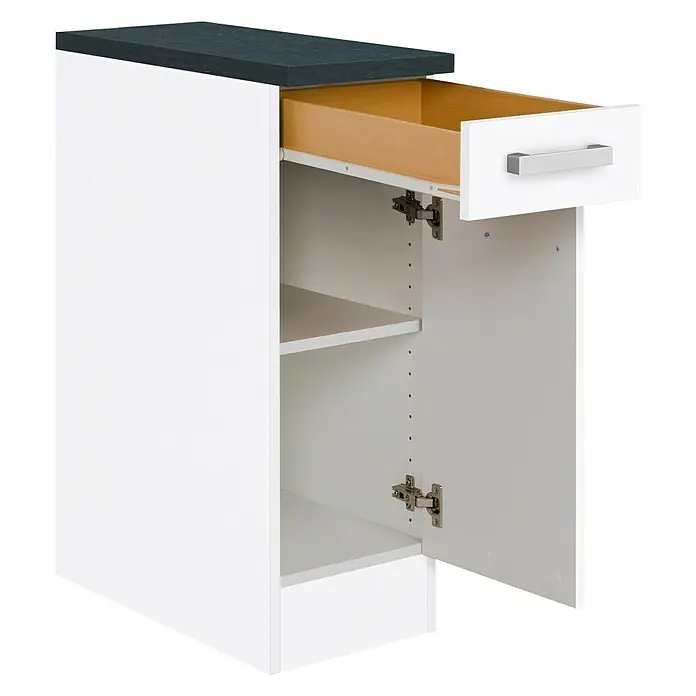 Optifit Salo214 Küchen-Unterschrank - 60 x 30 x 84,8 cm, Weiß - Produktansicht eines weißen Küchenschranks mit Schublade und Tür, die den Blick auf die Regale im Inneren freigibt. Elegantes Küchendesign.