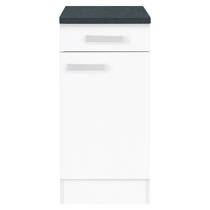 Optifit Salo214 Unterschrank - 60 x 40 x 84,8 cm, Weiß, 2 Griffe - Aufnahme eines Küchenschranks mit zwei Schubladen und einer dunklen Arbeitsplatte. Der Küchenschrank ist in einem schlichten, modernen Design gehalten.