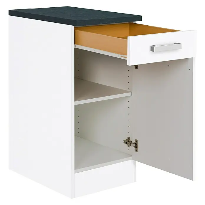 Optifit Salo214 Unterschrank - 60 x 40 x 84,8 cm, Weiß, 2 Griffe - Dieser Küchenschrank mit Schublade und Einlegeböden in Weiß bietet viel Stauraum und eine moderne Optik.