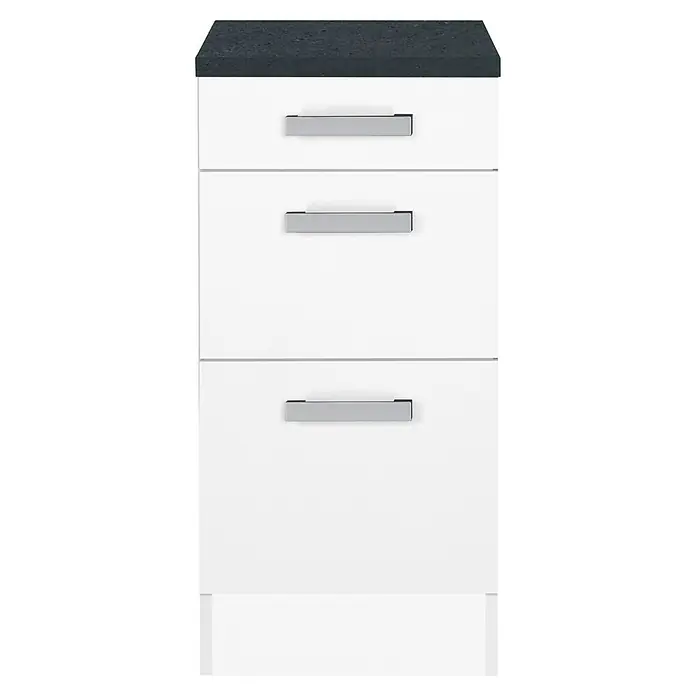 Optifit Salo214 Küchen-Unterschrank - 60 x 40 x 84,8 cm, Weiß - Elegantes Schubladenelement mit drei weißen Schubladen und einer dunklen Arbeitsplatte, ideal für moderne Raumgestaltung.