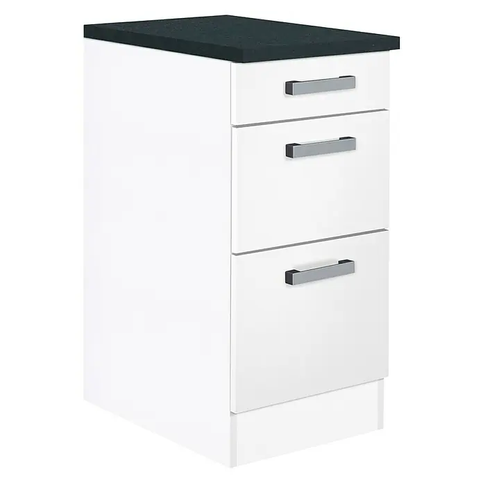 Optifit Salo214 Küchen-Unterschrank - 60 x 40 x 84,8 cm, Weiß - Elegantes weißes Badmöbel mit drei Schubladen und einer grauen Arbeitsplatte. Praktische und stilvolle Badaufbewahrungslösung.
