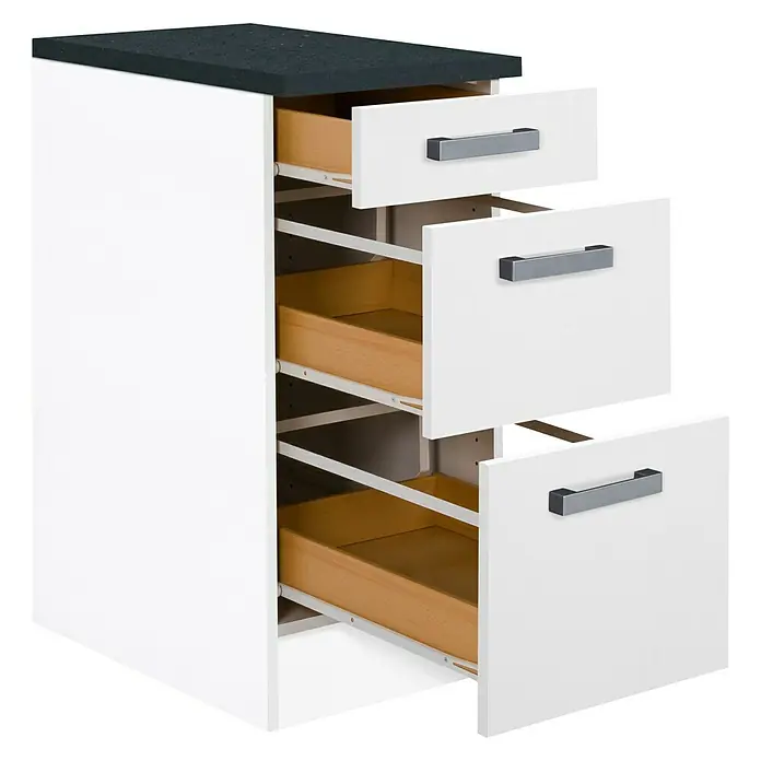 Optifit Salo214 Küchen-Unterschrank - 60 x 40 x 84,8 cm, Weiß - Küchenschrank mit drei Auszügen und Griffen aus Metall. Das obere Element ist mit einer schwarzen Arbeitsplatte versehen.