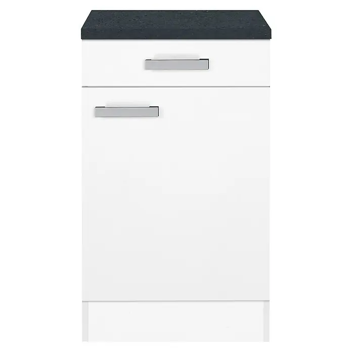 Optifit Salo214 Küchen-Unterschrank - 60 x 50 x 84,8 cm, Weiß - Elegantes, weißes Küchenelement mit zwei Schubladen und Griffen, abgedeckt mit einer grauen Arbeitsplatte. Optimal für moderne Küchen.