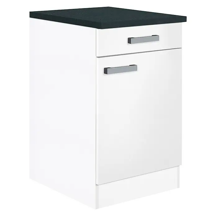 Optifit Salo214 Küchen-Unterschrank - 60 x 50 x 84,8 cm, Weiß - Elegantes Unterschrankmöbel mit Schublade und Tür in Weiß mit dunkler Arbeitsplatte, ideal für moderne Küchen und Badezimmer.
