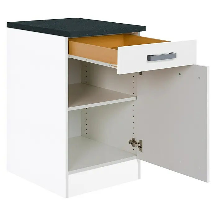 Optifit Salo214 Küchen-Unterschrank - 60 x 50 x 84,8 cm, Weiß - Abgebildeter weißer Küchenunterschrank mit Schublade, Tür und Ablagefächern unter einer schwarzen Arbeitsplatte.