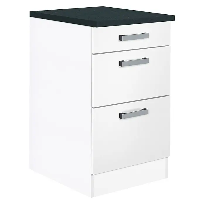Optifit Salo214 Unterschrank - 60 x 50 x 84,8 cm, Weiß, 3 Schubkästen - Dreischubladenschrank in Weiß mit dunkler Arbeitsplatte und Griffen. Ideal für Büro oder Zuhause zur Aufbewahrung.