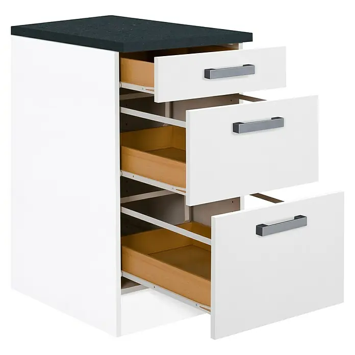 Optifit Salo214 Unterschrank - 60 x 50 x 84,8 cm, Weiß, 3 Schubkästen - Küchenschrank mit drei Schubladen. Der Schrank ist weiß mit einer schwarzen Arbeitsplatte und grauen Griffen. Praktische Aufbewahrung!