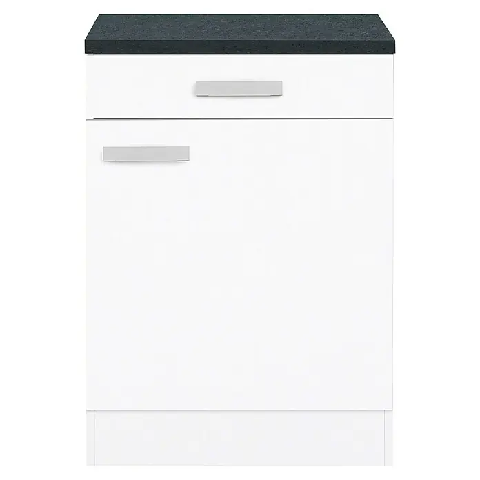 Optifit Salo214 Küchen-Unterschrank - 60 x 60 x 84,8 cm, Weiß - Weißer Küchenunterschrank mit grauer Arbeitsplatte und zwei Schubladen mit silbernen Griffen.