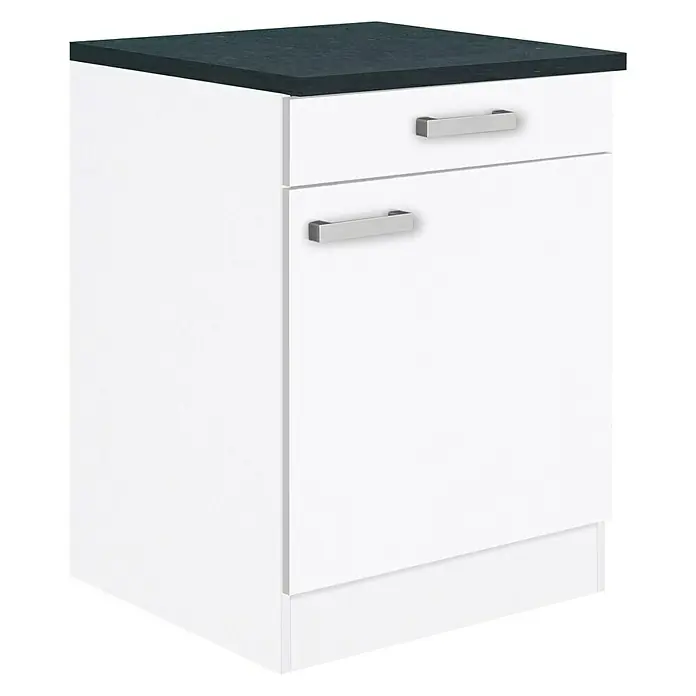 Optifit Salo214 Küchen-Unterschrank - 60 x 60 x 84,8 cm, Weiß - Küchenunterschrank mit weißer Front und dunkler Arbeitsplatte, ideal für moderne Küchen. Praktisch und stilvoll.