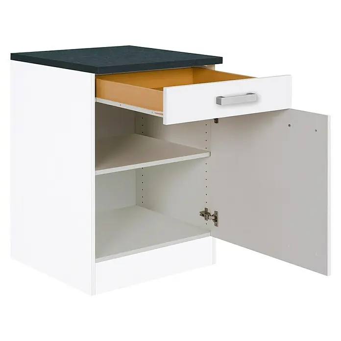 Optifit Salo214 Küchen-Unterschrank - 60 x 60 x 84,8 cm, Weiß - Ein weißer Küchenunterschrank mit einer Schublade und einer offenen Tür, ideal für die Küchenorganisation.