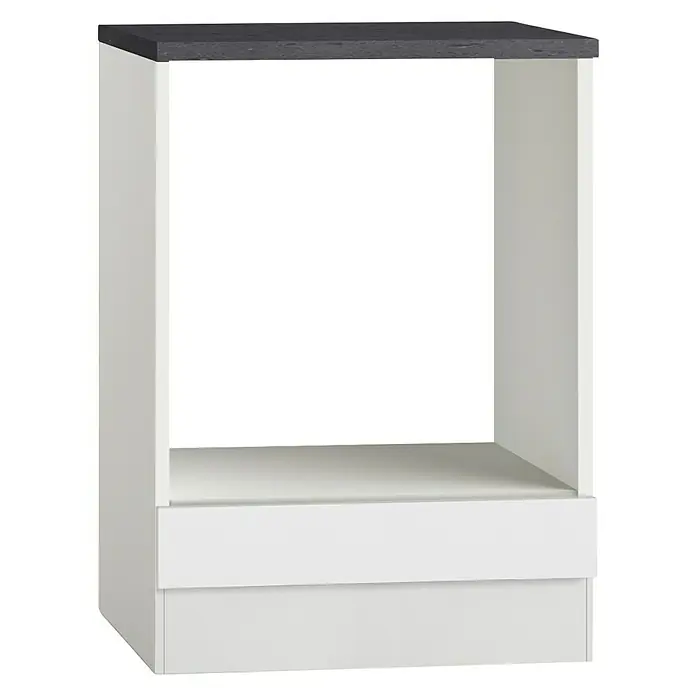 Optifit Salo214 Herd-Umbauschrank - 60 x 60 x 84,8 cm, Weiß - Abbildung eines modernen weißen Küchenschranks mit Schubladen und einer dunklen Arbeitsplatte, ideal für stilvolle Küchen.