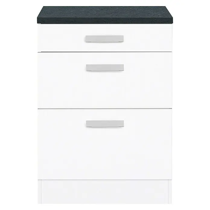 Optifit Salo214 Unterschrank - 60 x 60 x 84,8 cm, Weiß, 3 Schubkästen - Schrank mit drei Schubladen und einer dunklen Arbeitsplatte. Das Möbelstück ist in einem schlichten, modernen Design gehalten.