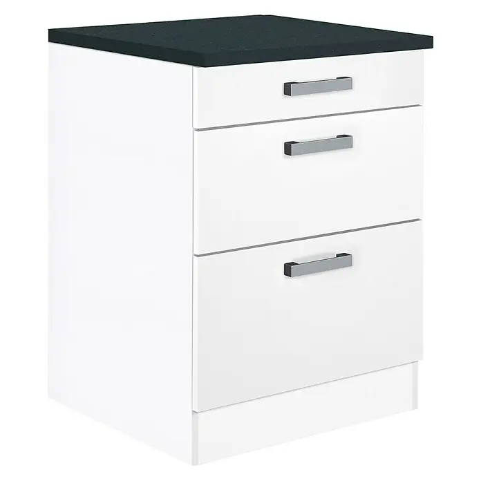 Optifit Salo214 Unterschrank - 60 x 60 x 84,8 cm, Weiß, 3 Schubkästen - Aufnahme eines weißen Nachttisches mit drei Schubladen und einer grauen Oberfläche, der eine moderne und funktionale Aufbewahrungslösung darstellt.