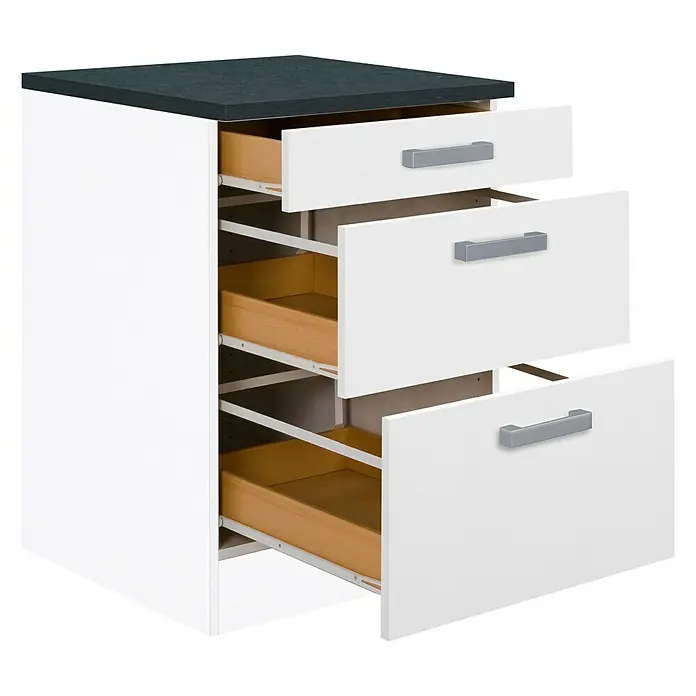 Optifit Salo214 Unterschrank - 60 x 60 x 84,8 cm, Weiß, 3 Schubkästen - Ein Schubladenelement in Weiß mit drei Schubladen und silbernen Griffen, ideal für zusätzlichen Stauraum. Die Arbeitsplatte ist dunkelgrau.