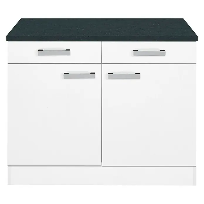 Optifit Salo214 Unterschrank - 60 x 100 x 84,8 cm, Mit Arbeitsplatte, Weiß - Weißer Badezimmerschrank mit dunkler Arbeitsplatte und vier Schubladen mit silbernen Griffen für ein modernes Bad-Design.