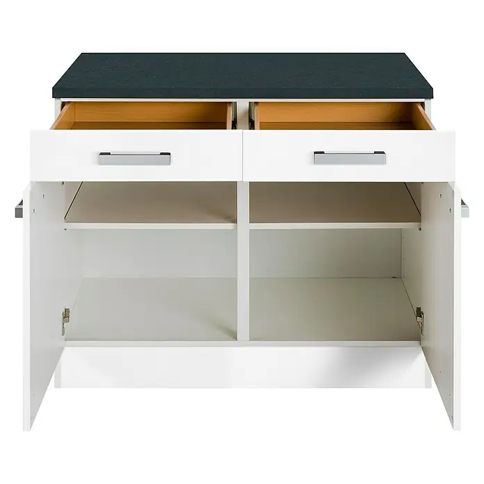 Optifit Salo214 Unterschrank - 60 x 100 x 84,8 cm, Mit Arbeitsplatte, Weiß - Diese Aufnahme zeigt ein weißes Sideboard mit dunkler Oberseite, offenen Schubladen und Schranktüren. Das Möbelstück bietet Stauraum und Ablagefläche.