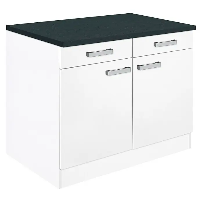 Optifit Salo214 Unterschrank - 60 x 100 x 84,8 cm, Mit Arbeitsplatte, Weiß - Eleganter weißer Unterschrank mit grauer Arbeitsplatte und silbernen Griffen, ideal für moderne Küchen.