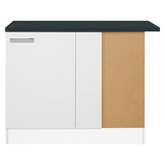Optifit Salo214 Eck-Unterschrank - 60 x 110 x 84,8 cm, Weiß - Schrank mit weißen Fronten und dunkler Arbeitsplatte. Das Möbelstück präsentiert sich modern und funktional für den Wohnbereich.
