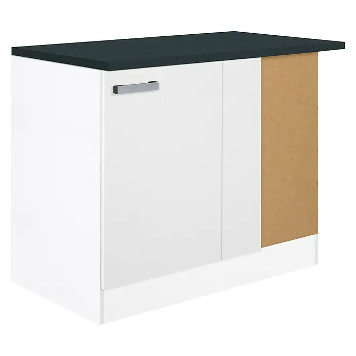 Optifit Salo214 Eck-Unterschrank - 60 x 110 x 84,8 cm, Weiß - Bild eines Küchenunterschranks mit einer Tür und einer grauen Arbeitsplatte. Der Küchenschrank ist weiß und hat einen silbernen Griff.