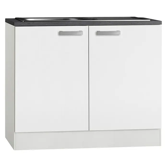 Optifit Salo214 Spülenunterschrank - 60 x 100 x 84,8 cm, Weiß - Ein Waschbeckenunterschrank mit weißen Schranktüren und einem dunklen Waschtisch. Praktische Stauraumlösung für das Badezimmer.
