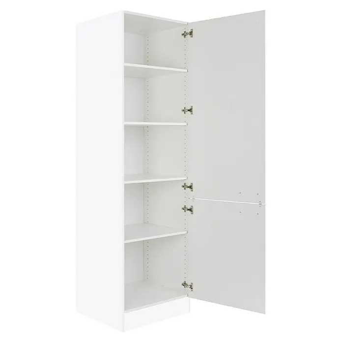 Optifit Salo214 Hochschrank 2 Fächer - 57,1 x 60 x 206,8 cm, Weiß - Aufnahme eines weißen Regalschranks mit offener Tür, der mehrere Regale zeigt.