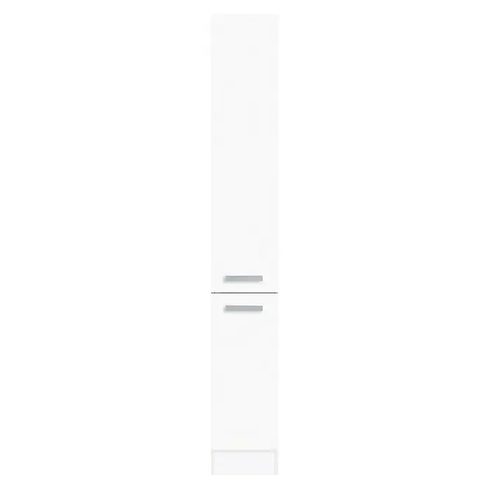 Optifit Salo214 Apotheker-Hochschrank - B x T x H: 30 x 57,1 x 206,8 cm, Weiß - Aufnahme eines minimalistischen weißen Kühlschranks mit zwei horizontalen Griffen, der ein elegantes und sauberes Küchendesign betont.