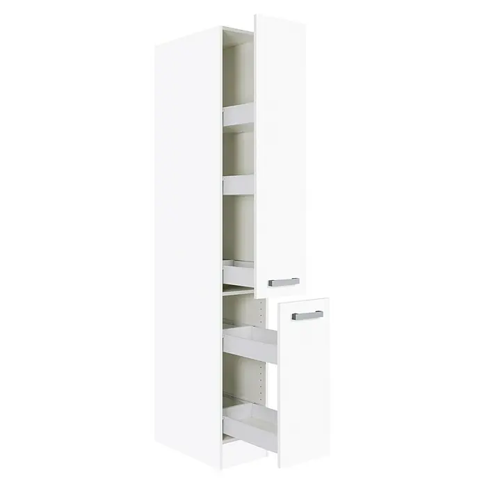 Optifit Salo214 Apotheker-Hochschrank - B x T x H: 30 x 57,1 x 206,8 cm, Weiß - Dieser Vorratsschrank in Weiß ist ideal für die Küche. Er verfügt über mehrere Auszüge mit praktischen Griffen für einfache Organisation.