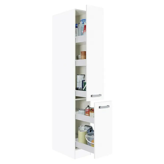 Optifit Salo214 Apotheker-Hochschrank - B x T x H: 30 x 57,1 x 206,8 cm, Weiß - Abgebildeter weißer Apothekerschrank mit Auszügen, gefüllt mit Reinigungs- und Haushaltsprodukten für mehr Ordnung und Übersichtlichkeit.