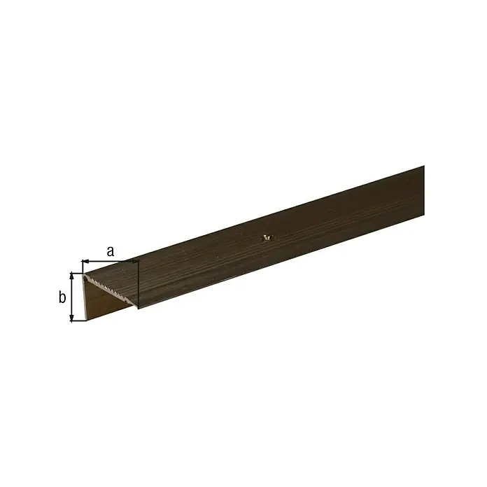 Alberts Perfil angular - 1.000 x 45 x 23 mm, Aluminio, Bronce - Un perfil de borde de escalera de metal marrón etiquetado con las dimensiones a y b, diseñado para su uso en peldaños de escalera para garantizar la resistencia al deslizamiento.