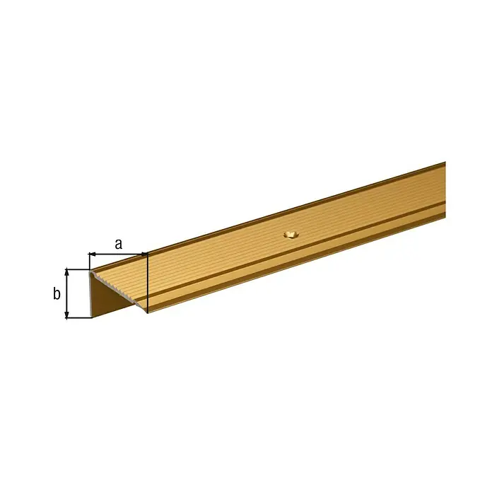 Alberts Perfil angular - 2.000 x 45 x 23 mm, Oro - Perfil de borde de escalera de color dorado con dimensiones a y b, ideal para proteger y diseñar escaleras con seguridad.