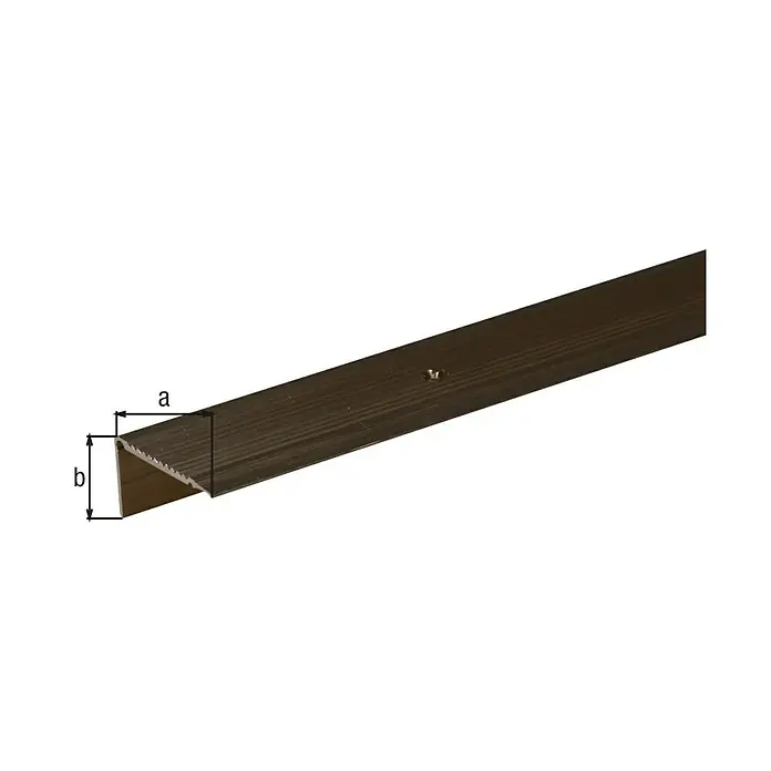 Alberts Perfil angular - 2.000 x 45 x 23 mm, Aluminio, Bronce - En la imagen se muestra un perfil de transición de aluminio marrón con dimensiones a y b, diseñado para crear una transición limpia entre dos superficies de piso.