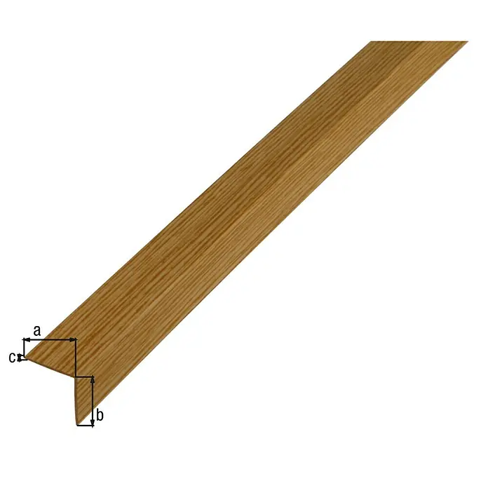 Alberts Perfil angular - 1.000 x 20 x 20 mm, Espesor: 1,5 mm, Plástico, Roble claro - Perfil de borde de escalera de madera en forma de L. Protege los bordes y aporta un toque estético. Dimensiones marcadas con a, b y c.