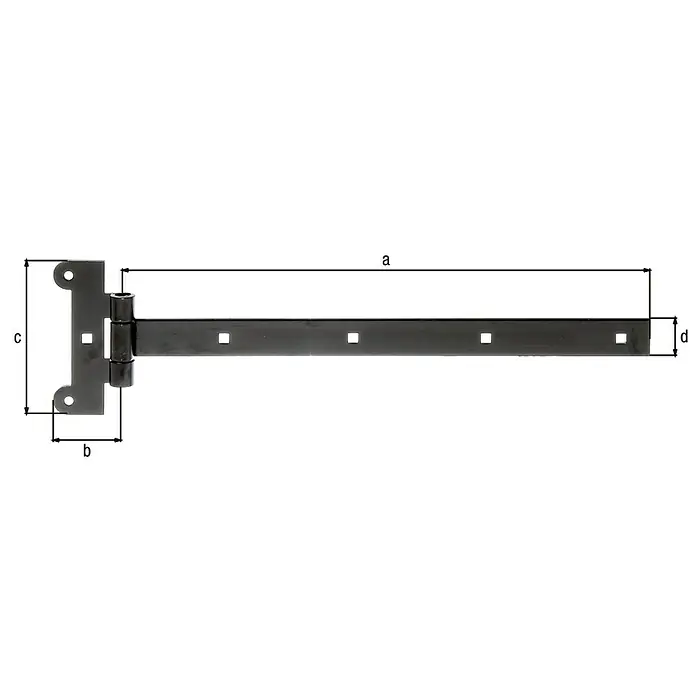 Alberts Bisagra en T inglesa - L x An: 319 x 115 mm, Acero, Negro - Imagen de una bisagra de puerta con las dimensiones a, b, c y d. La bisagra es negra y tiene un diseño plano.