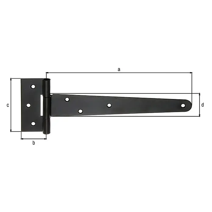 Stabilit Kreuzgehänge - L x B: 90 x 40 mm, Maße Band: 248 mm, Stahl, Schwarz - Abgebildet ist ein T-Scharnier in Schwarz mit Maßangaben. Das robuste Scharnier eignet sich ideal für Türen und Tore im Außenbereich.