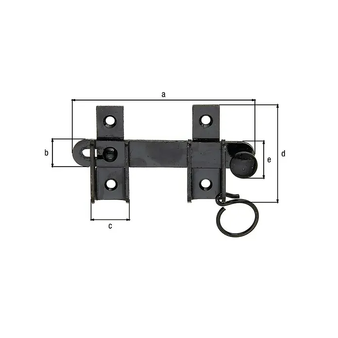 Alberts Pestillo con bloqueo - An x L: 65 x 120 mm, Acero, Negro - La imagen muestra un cerrojo de puerta negro con las dimensiones a, b, c, d y e. El cerrojo es de metal y tiene un ojal para un candado.