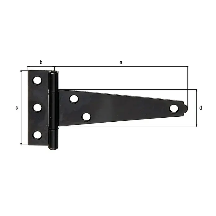 Alberts Bisagra de cofre - Largo: 100 mm, Negro, Enrollado - Bisagra en T negra que muestra las dimensiones a, b, c y d para usar en puertas o portones.