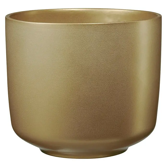 Soendgen Keramik Bari Übertopf rund - Außenmaß (Ø x H): 16 x 14 cm, Perlgold, Keramik, Matt - Nahaufnahme eines goldenen Pflanzgefäßes mit glatter Oberfläche und abgerundeter Form, ideal für Zimmerpflanzen oder dekorative Zwecke.