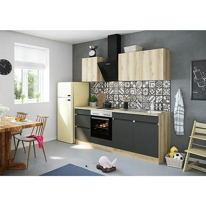 Optifit Singleküche Kaya/Noah - Breite: 210 cm, Anthrazit/Braun/Grau, Farbe Dunstabzugshaube: Schwarz - Diese Küche verfügt über ein modernes Design mit grauen Schränken, Holzoberflächen und einer retro-gelben Kühl-Gefrierkombination.