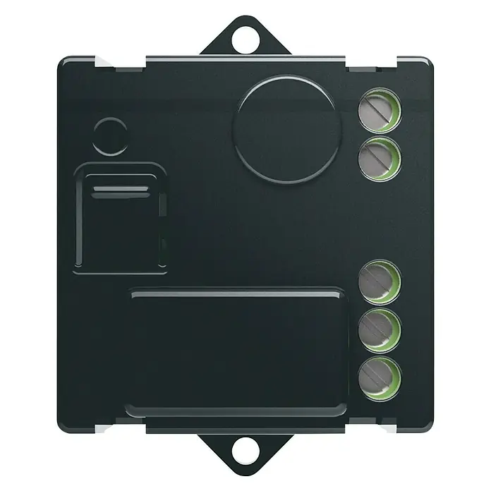Legrand Valena Next with Netatmo Receptor de micromódulo - Habitación - Primer plano de una unidad de control electrónica rectangular negra con tornillos y puntos de montaje.