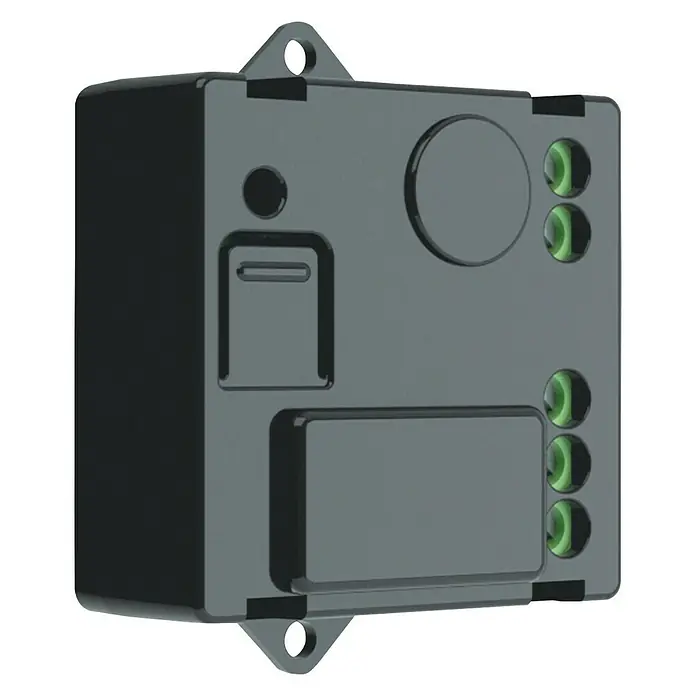 Legrand Valena Next with Netatmo Receptor de micromódulo - Habitación - Primer plano de un dispositivo electrónico en una carcasa oscura, con conectores y puntos de montaje.