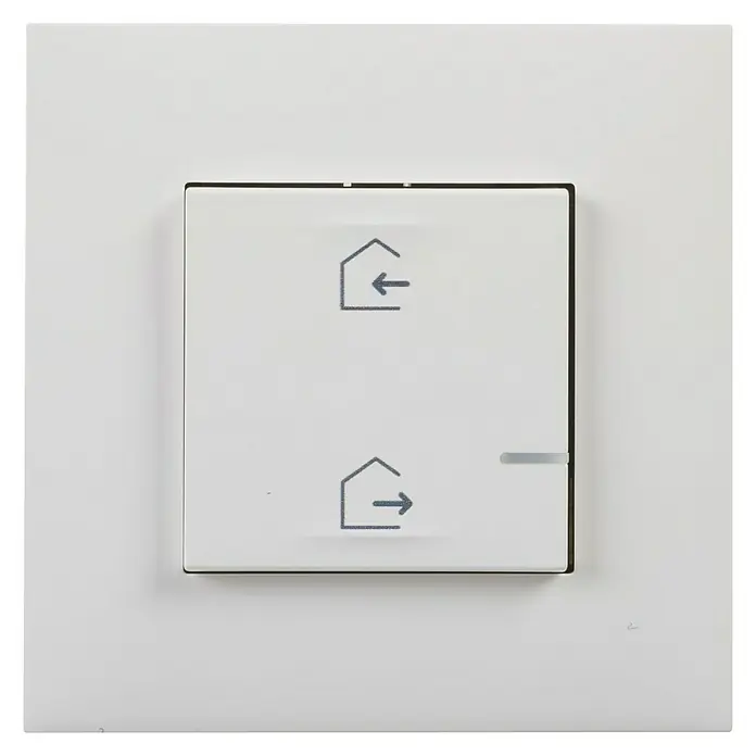 Legrand Valena Next with Netatmo Conmutador Entrar/salir - Blanco, Montaje en la pared, 16 A - Primer plano de un interruptor de luz blanco con símbolos de casa y flecha, utilizado para controlar persianas o persianas enrollables.