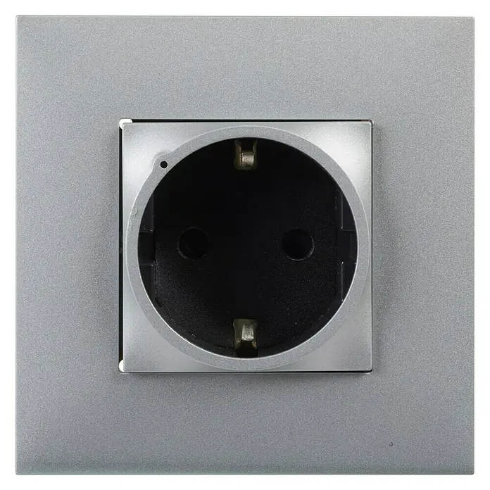 Legrand Valena Next with Netatmo Enchufe - Aluminio, Plástico, Colocar - Primer plano de una toma de corriente Schuko con marco plateado, que muestra una solución de alimentación moderna y elegante.