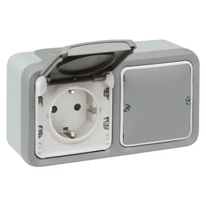 Legrand Plexo Enchufe para estancias con humedad - Gris, Alineación de los mecanismos: Vertical, Montaje en la pared, IP55 - Aquí hay una toma de corriente a prueba de salpicaduras con una cubierta con bisagras. Ideal para exteriores o entornos húmedos.