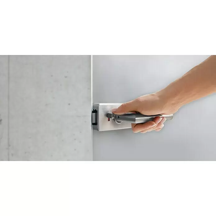 Diamond Doors Herraje para puerta de vidrio Styleprem - Plata, Taladro de cinta / cintas: Office, 3 piezas, Cierre del inodoro - Mano acciona una manija de puerta de metal cepillado con un mecanismo de pestillo.