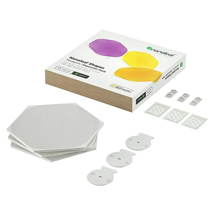 Nanoleaf Erweiterungskit Shapes Hexagons 3 Panels - 3 Stk., Weiß, RGBW, Hexagons, Smart Home-fähig: Ja - Produktfoto des Nanoleaf Shapes Hexagons Expansion Packs mit drei modularen Lichtfeldern, Verbindungsstücken und Klebestreifen.