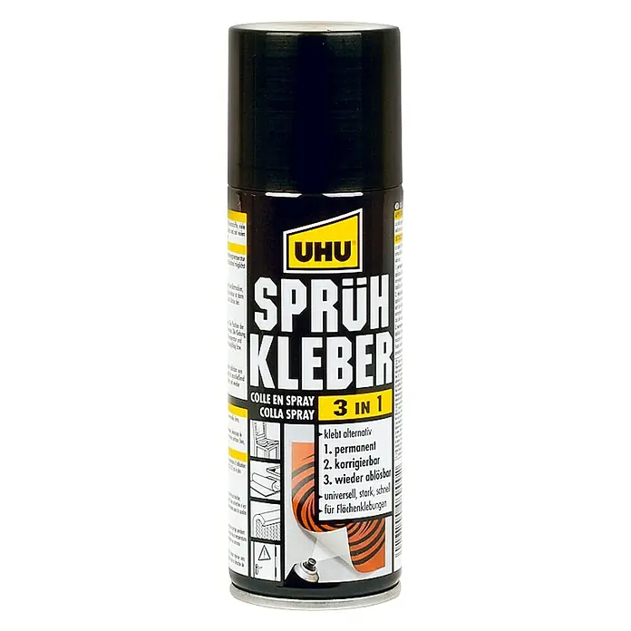 UHU Sprühkleber 3 in 1 permanent - 200 ml - Sprühkleber von UHU: Ein vielseitiger Sprühkleber für dauerhafte, korrigierbare und wiederablösbare Verklebungen, ideal für Flächen.
